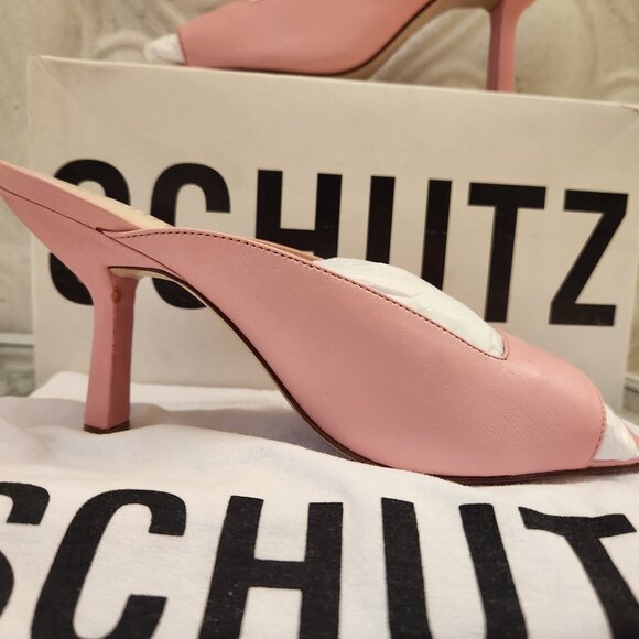 SCHUTZ Shoes - Schutz Women's Agape Slide Heeled Sandals in Rose. Leather. NIB. Size 10
